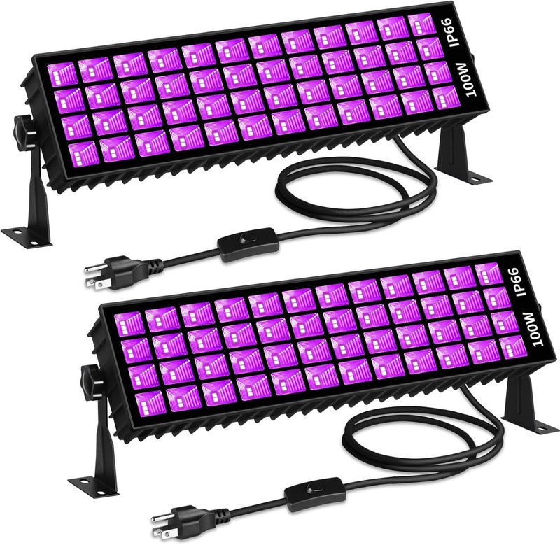 SHGPODA 2 Pcs 100W LED Black Light Bar, IP66 Waterproof Blacklight with 6ft Cord Switch, Black Lights for Neon Glow Party Fluorescent Poster Body Paint Birthday Bedroom Classroom Halloween Christmas - Image 1